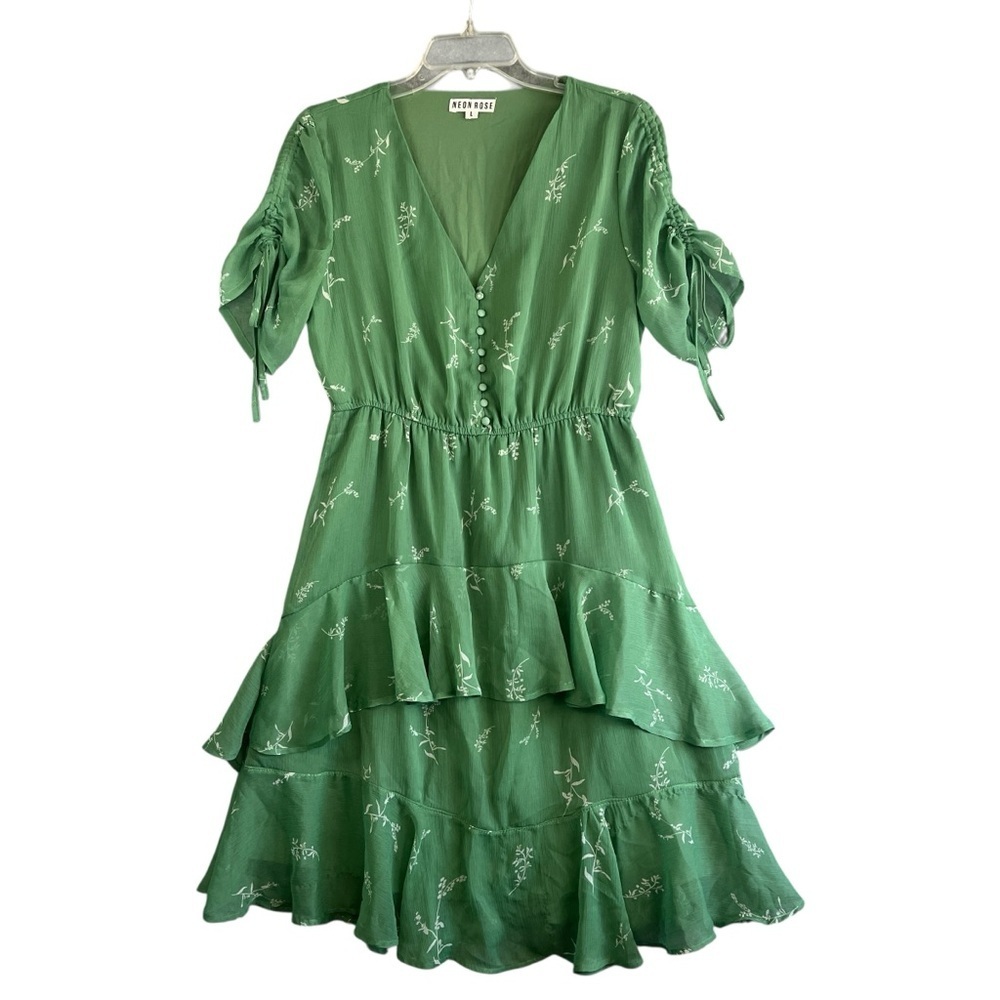 Green Floral Midi Dress with Tiered Ruffle Skirt